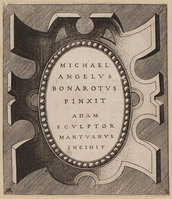 KG 00044
<br/>
Titelblad voor serie van 72 figuren naar Michelangelo in de Sixtijnse kapel
<br/>
<em>Scultori, Adamo (ca. 1530-1585)</em>